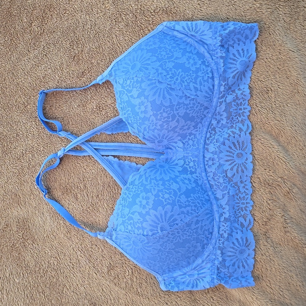 Victoria's Secret PINK lace pushup racerback bra, size large in cornflower blue